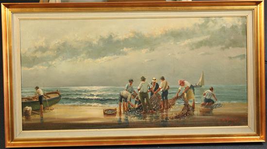 Neapolitan School Fisherfolk sorting the catch on the shore 19.5 x 39in.